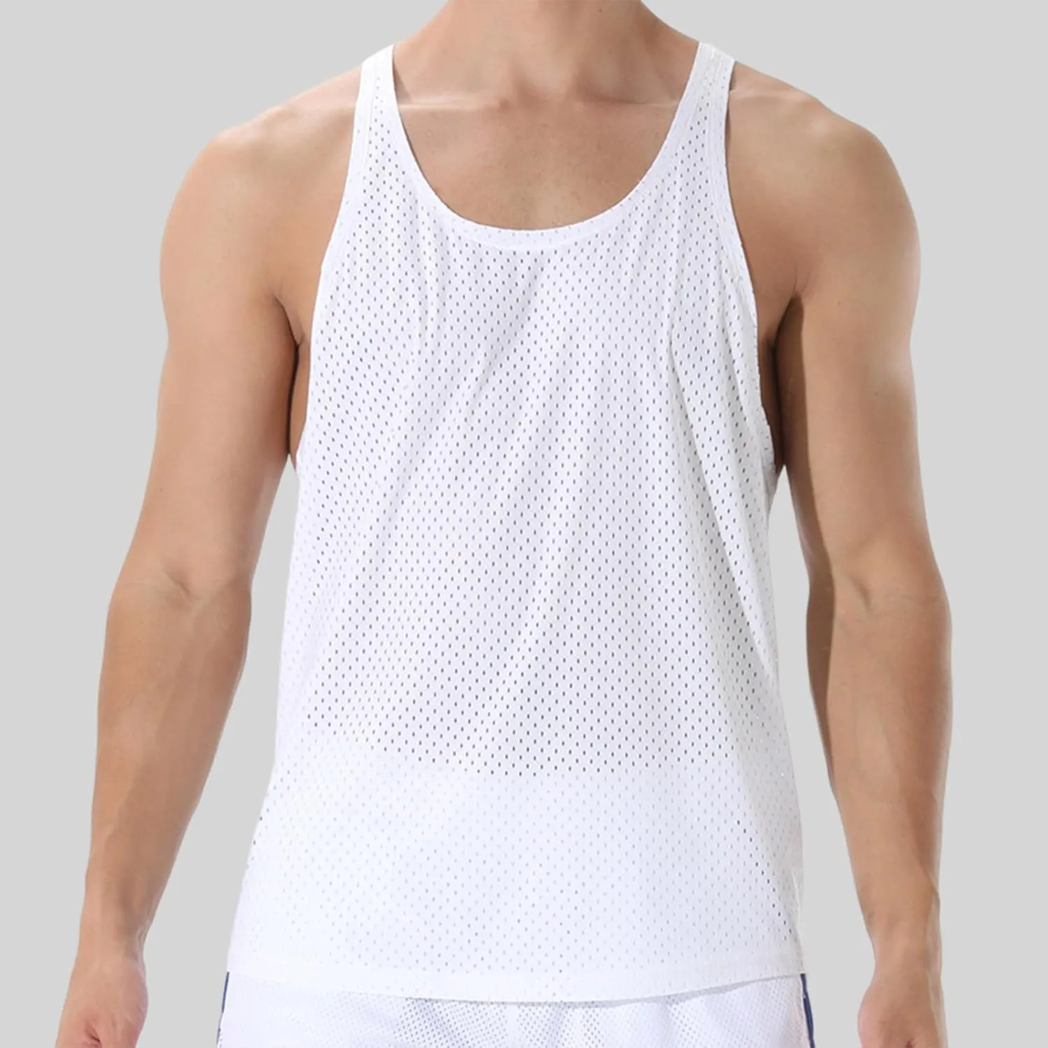 Men's Round Neck Workout Tank Top Mesh Racerback Sleeveless Gym Muscle T Shirts Summer Quick Dry Breath Athletic Shirt