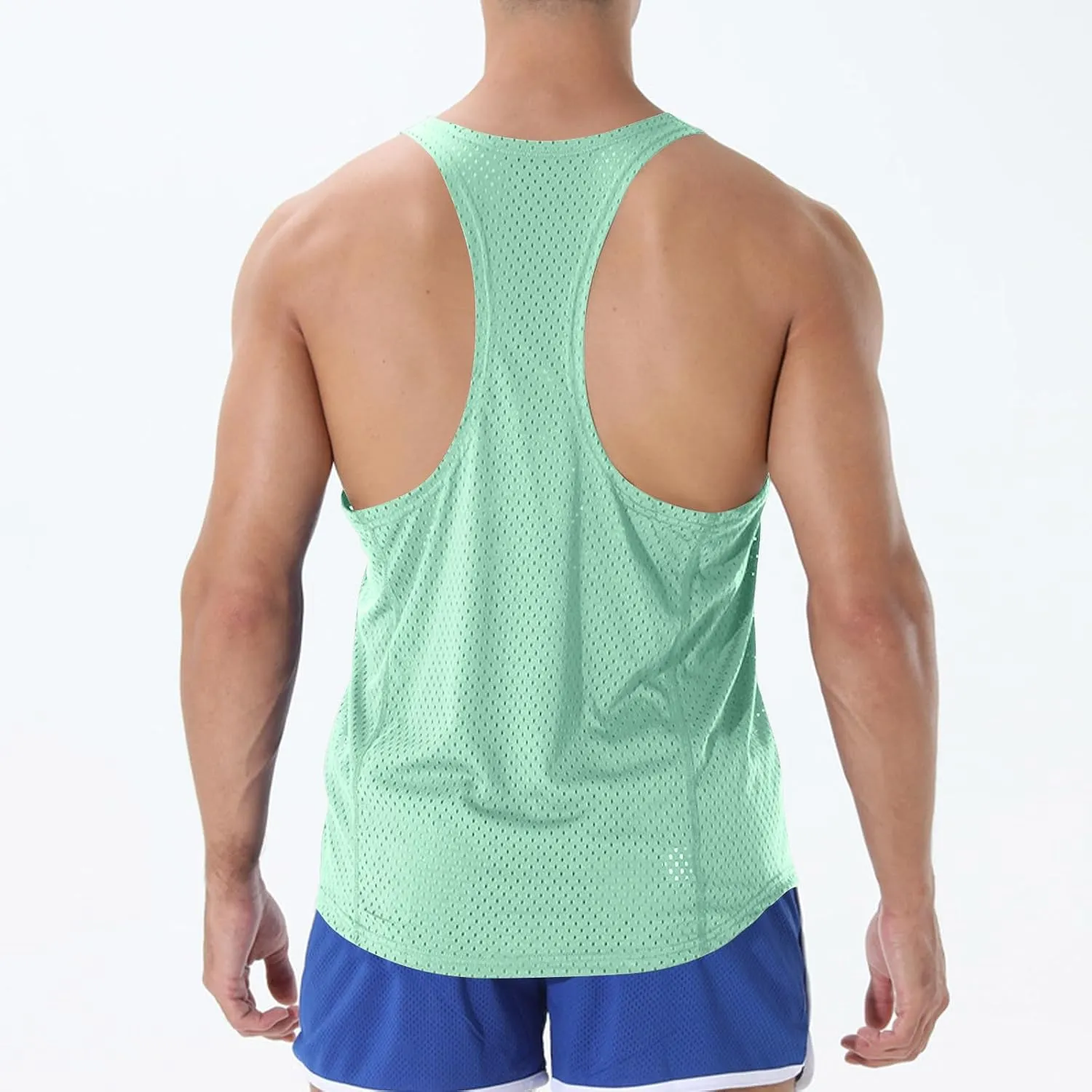 Men's Round Neck Workout Tank Top Mesh Racerback Sleeveless Gym Muscle T Shirts Summer Quick Dry Breath Athletic Shirt