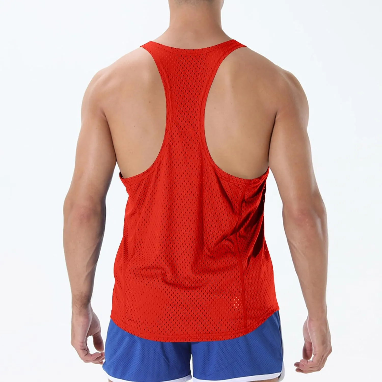 Men's Round Neck Workout Tank Top Mesh Racerback Sleeveless Gym Muscle T Shirts Summer Quick Dry Breath Athletic Shirt