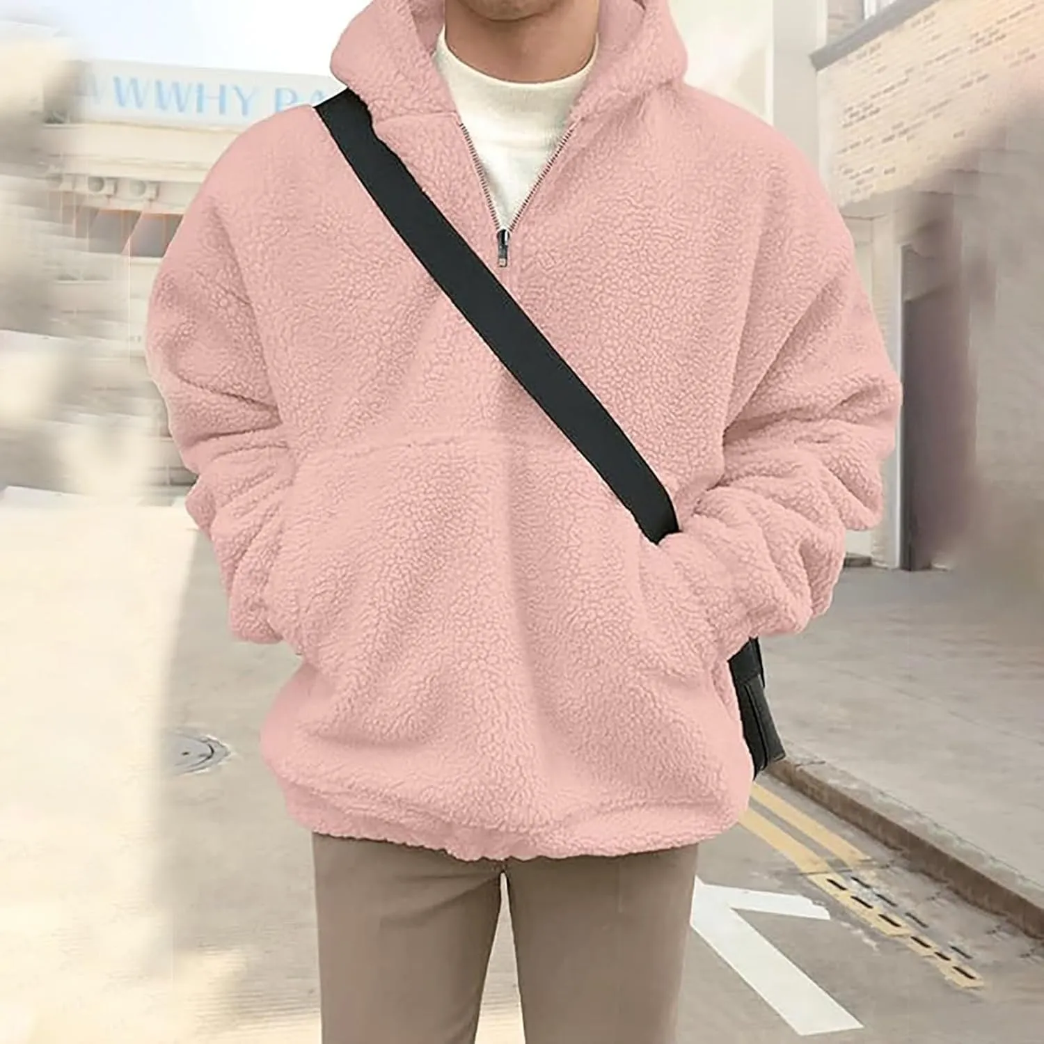 Mens Sherpa Fuzzy Pullover Hoodie Sweatshirts 1/4 Zip Up Oversized Outwear Top Long Sleeve Fleece Jacket With Pockets
