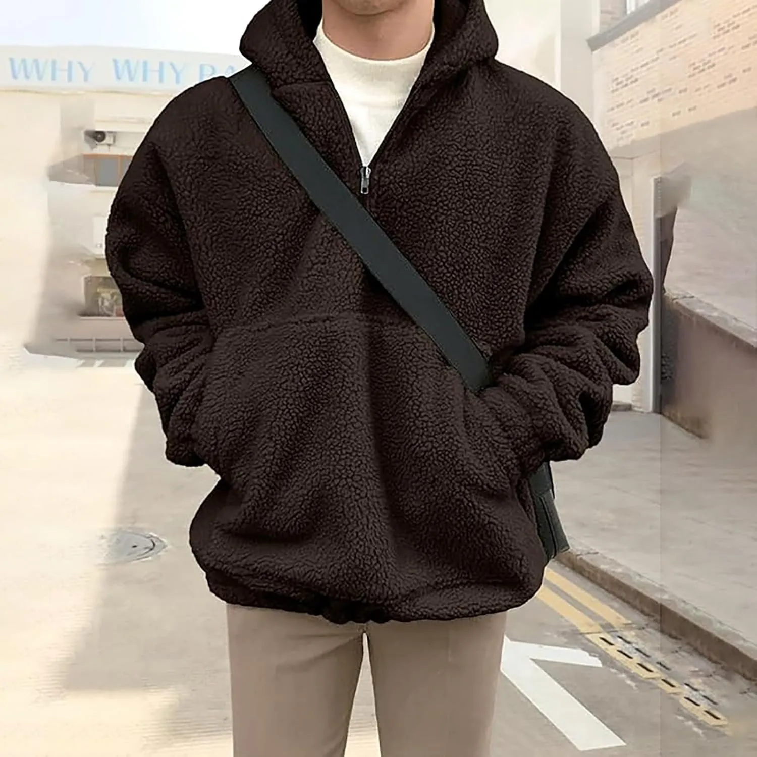 Mens Sherpa Fuzzy Pullover Hoodie Sweatshirts 1/4 Zip Up Oversized Outwear Top Long Sleeve Fleece Jacket With Pockets