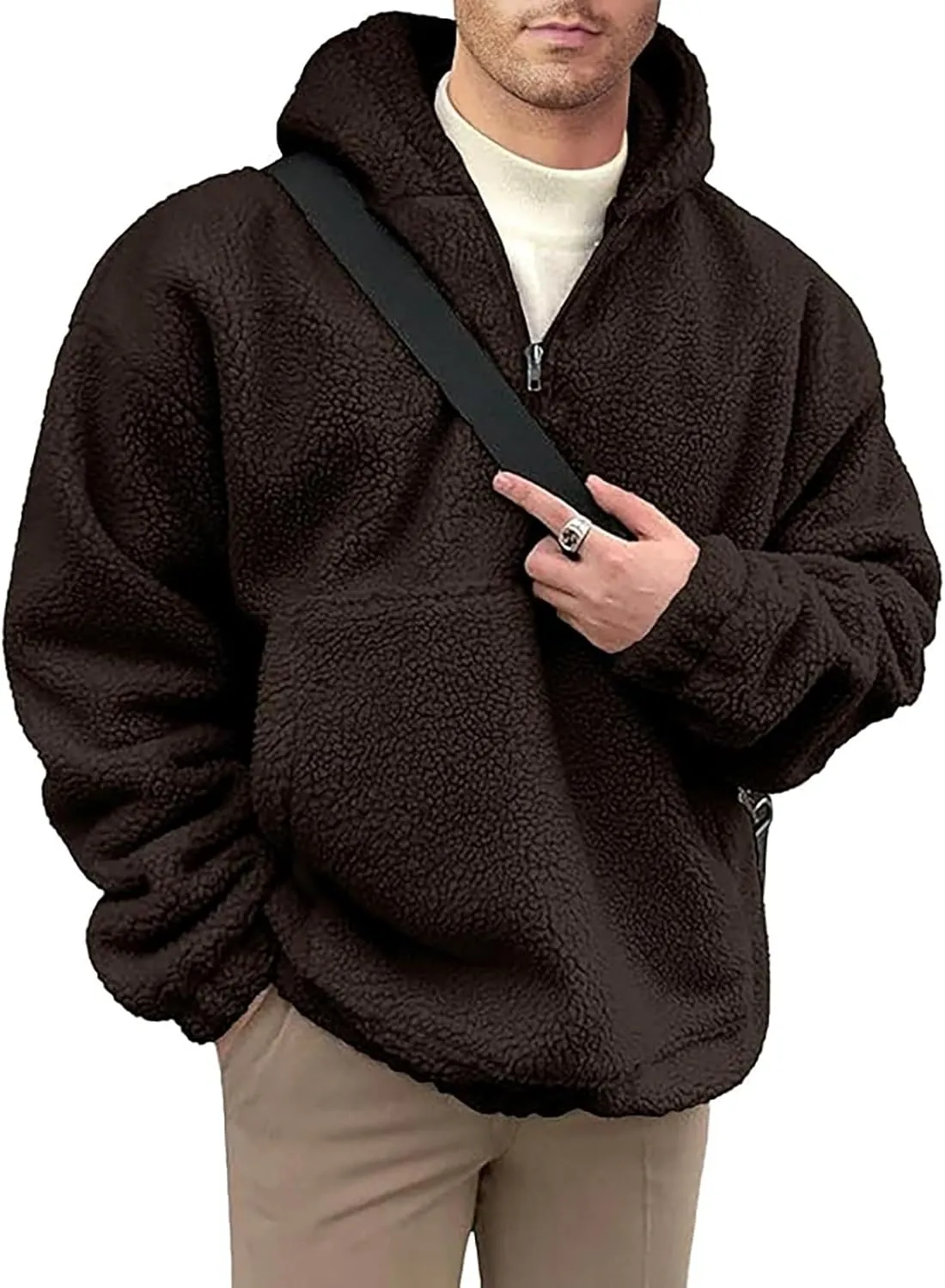 Mens Sherpa Fuzzy Pullover Hoodie Sweatshirts 1/4 Zip Up Oversized Outwear Top Long Sleeve Fleece Jacket With Pockets