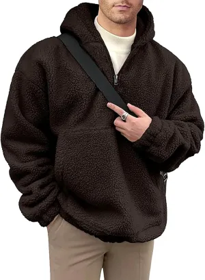 Mens Sherpa Fuzzy Pullover Hoodie Sweatshirts 1/4 Zip Up Oversized Outwear Top Long Sleeve Fleece Jacket With Pockets