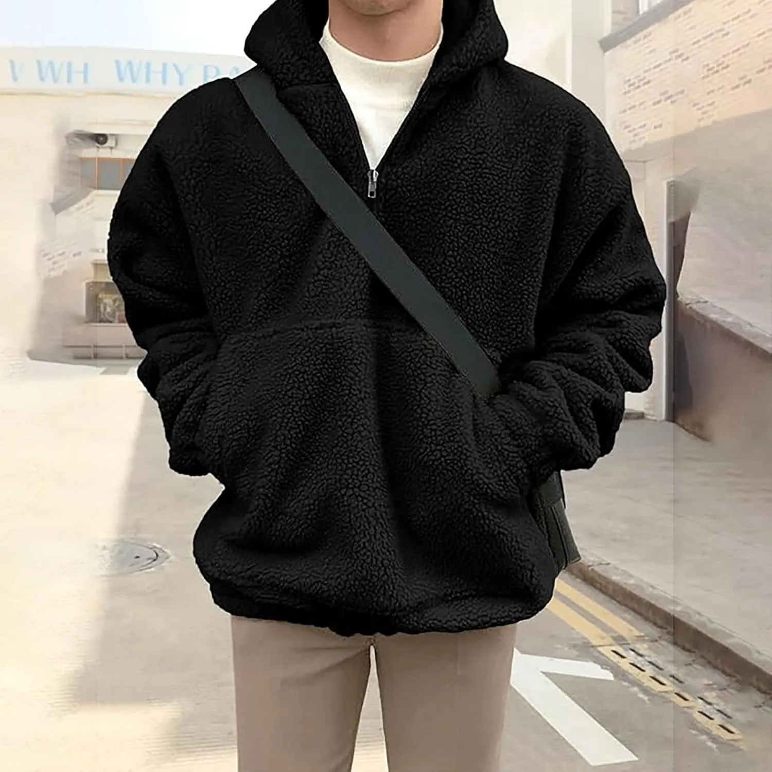 Mens Sherpa Fuzzy Pullover Hoodie Sweatshirts 1/4 Zip Up Oversized Outwear Top Long Sleeve Fleece Jacket With Pockets