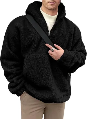 Mens Sherpa Fuzzy Pullover Hoodie Sweatshirts 1/4 Zip Up Oversized Outwear Top Long Sleeve Fleece Jacket With Pockets