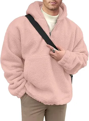 Mens Sherpa Fuzzy Pullover Hoodie Sweatshirts 1/4 Zip Up Oversized Outwear Top Long Sleeve Fleece Jacket With Pockets