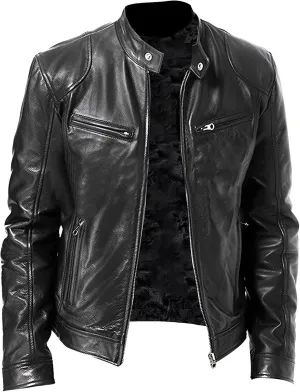 Men's Smooth Leather Motor Jacket Color Zip PU Leather Jacket Short Lapel Motorcycle Leather Motorcycle Jackets for