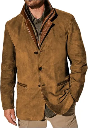 Mens Vintage Faux Leather Trucker Jacket with Suede Lapel Collar, Button-Down, Thickened Buckskin Coat