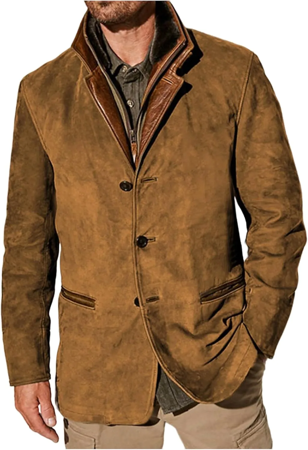 Mens Vintage Faux Leather Trucker Jacket with Suede Lapel Collar, Button-Down, Thickened Buckskin Coat