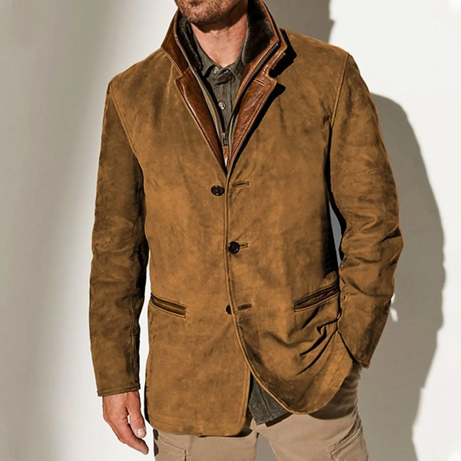 Mens Vintage Faux Leather Trucker Jacket with Suede Lapel Collar, Button-Down, Thickened Buckskin Coat