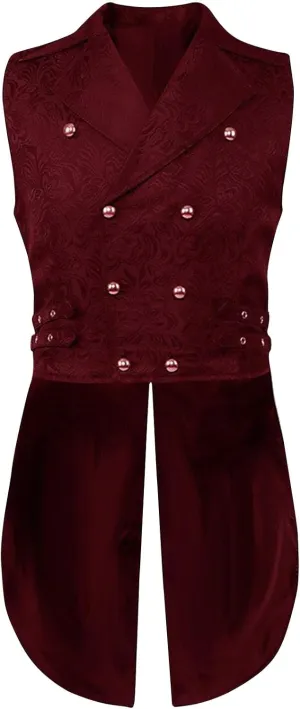 Mens Vintage Tailcoat Waistcoat Goth Long Steampunk Formal Double Breasted Jacquard Brocade Vest Sleeveless Tailcoat