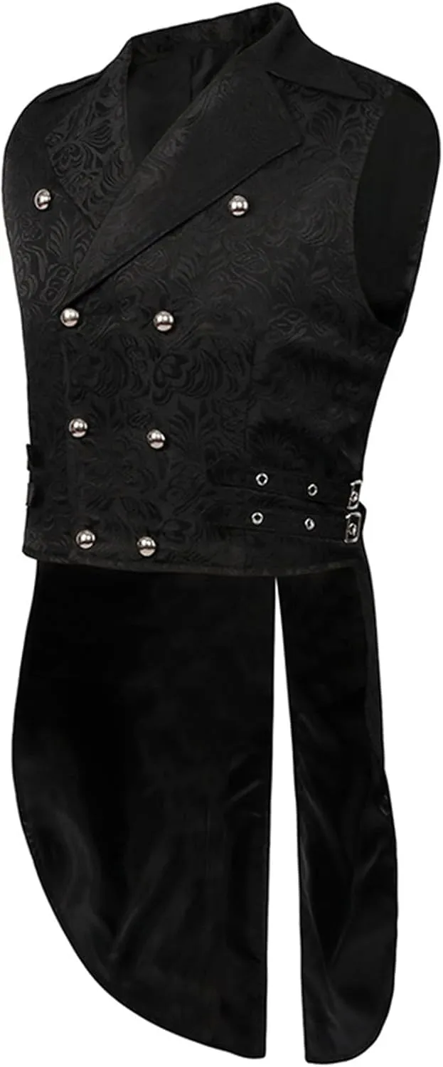 Mens Vintage Tailcoat Waistcoat Goth Long Steampunk Formal Double Breasted Jacquard Brocade Vest Sleeveless Tailcoat