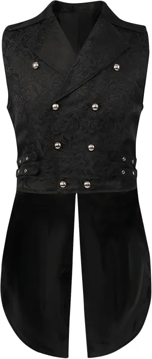 Mens Vintage Tailcoat Waistcoat Goth Long Steampunk Formal Double Breasted Jacquard Brocade Vest Sleeveless Tailcoat