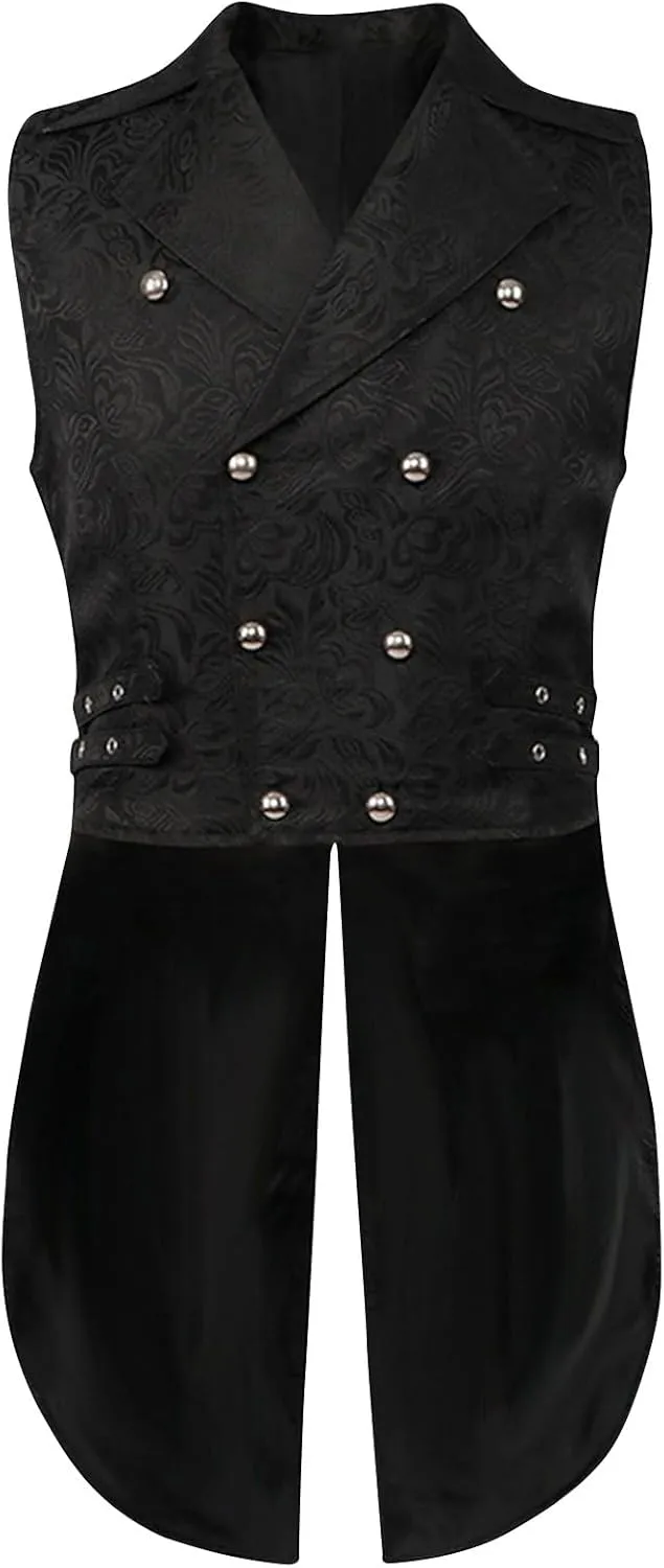 Mens Vintage Tailcoat Waistcoat Goth Long Steampunk Formal Double Breasted Jacquard Brocade Vest Sleeveless Tailcoat