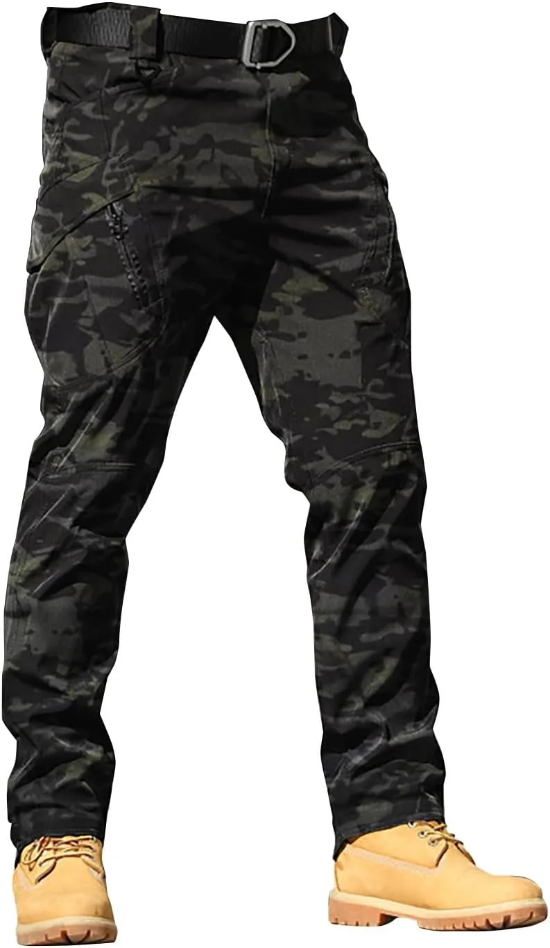 Men's Water Resistant Pants Stretch Overalls with Large Pockets Loose Soft Pants Rainproof Tactical Waterproof Trousers