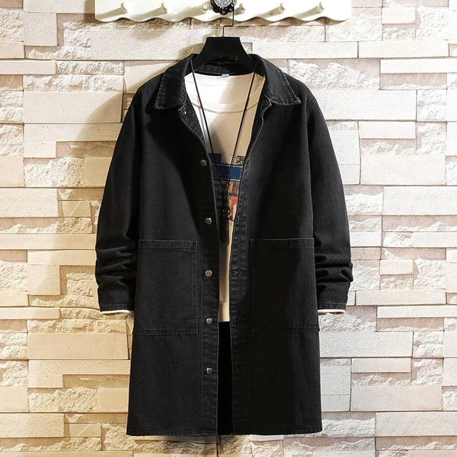 Mens Winter And Autumn Loose Casual Denim Trench Coat Long Coat Weather Jacket Mens Jackets