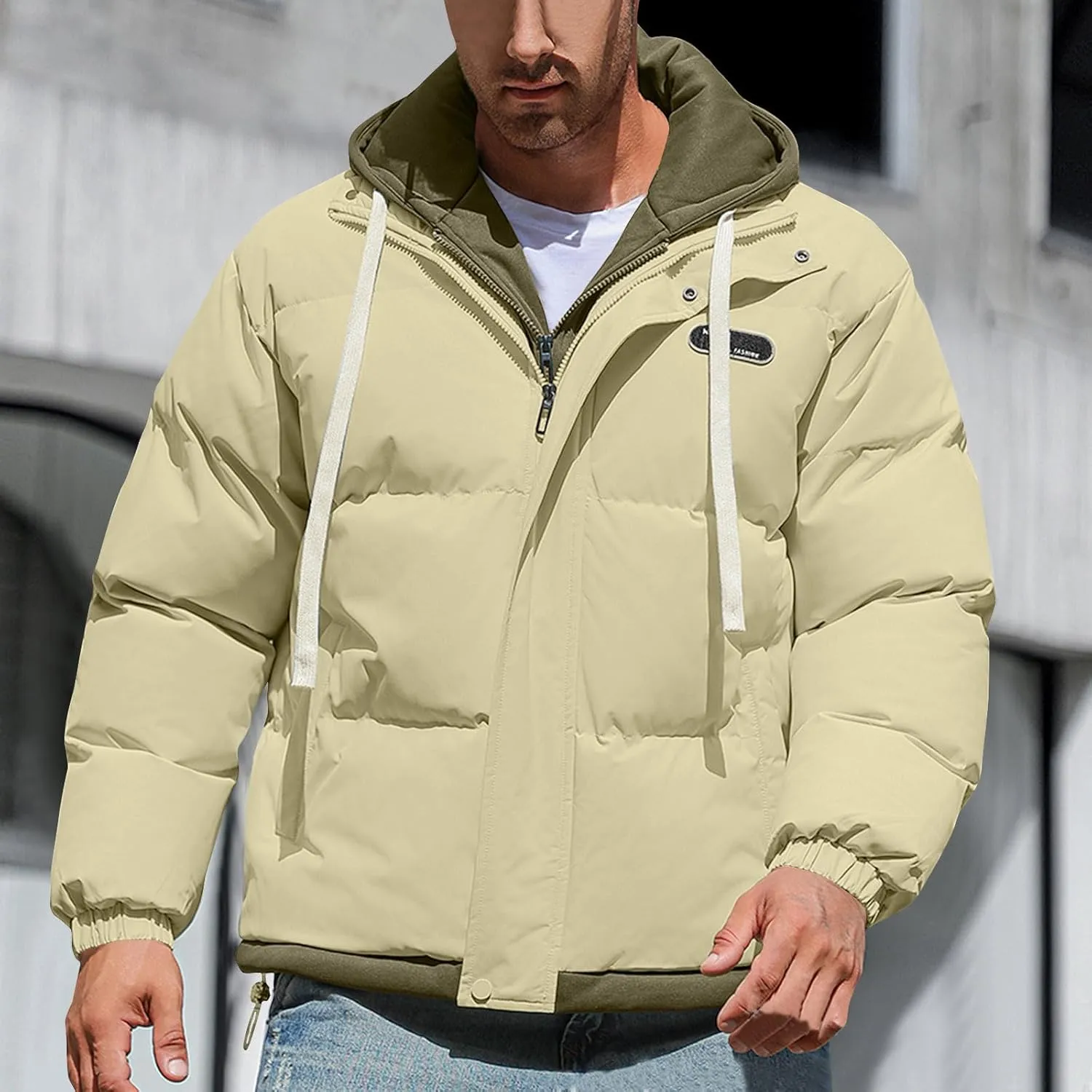 Mens Winter Puffer Jacket Hooded Down Coats Cotton Padded Warm Windproof Outerwear with Pockets