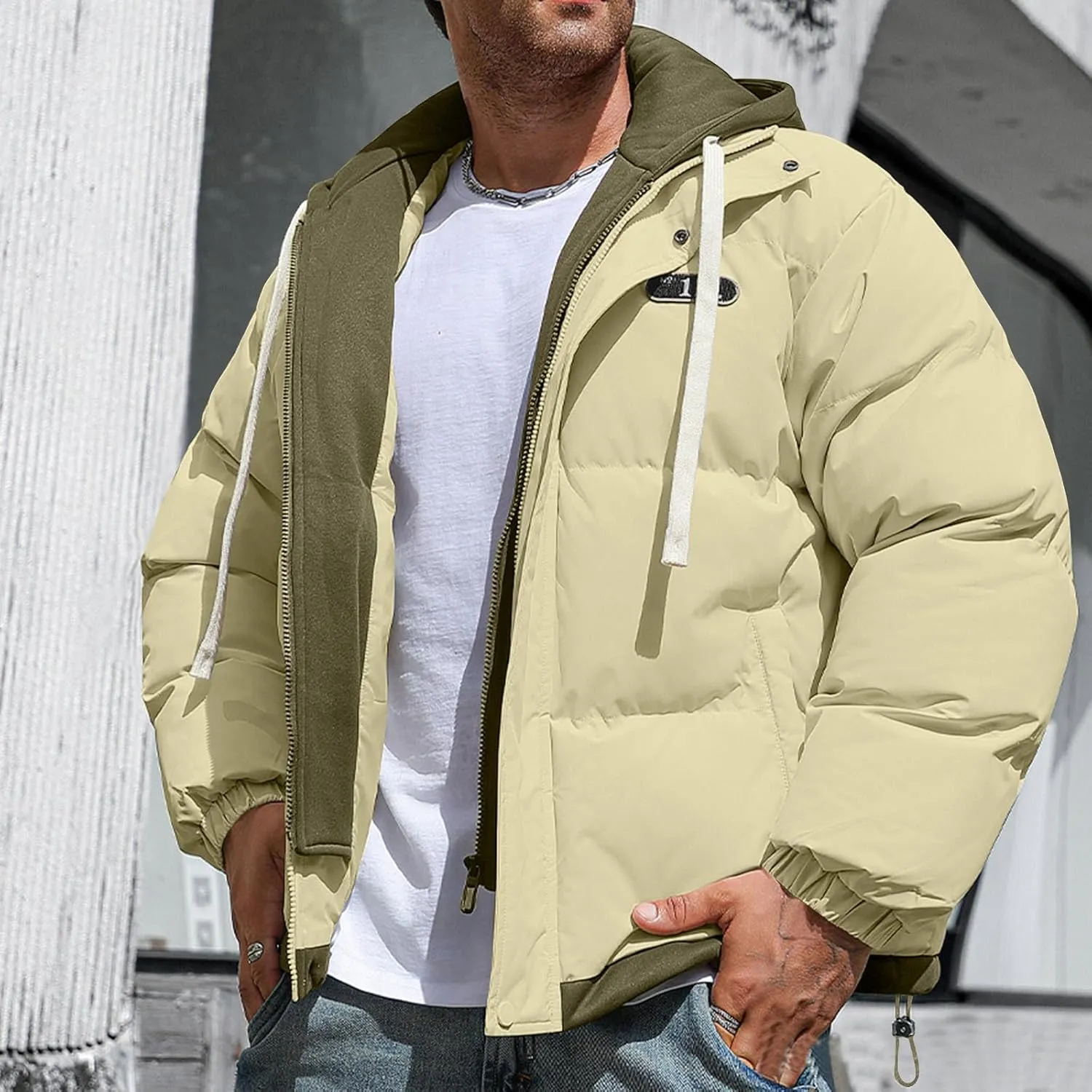 Mens Winter Puffer Jacket Hooded Down Coats Cotton Padded Warm Windproof Outerwear with Pockets