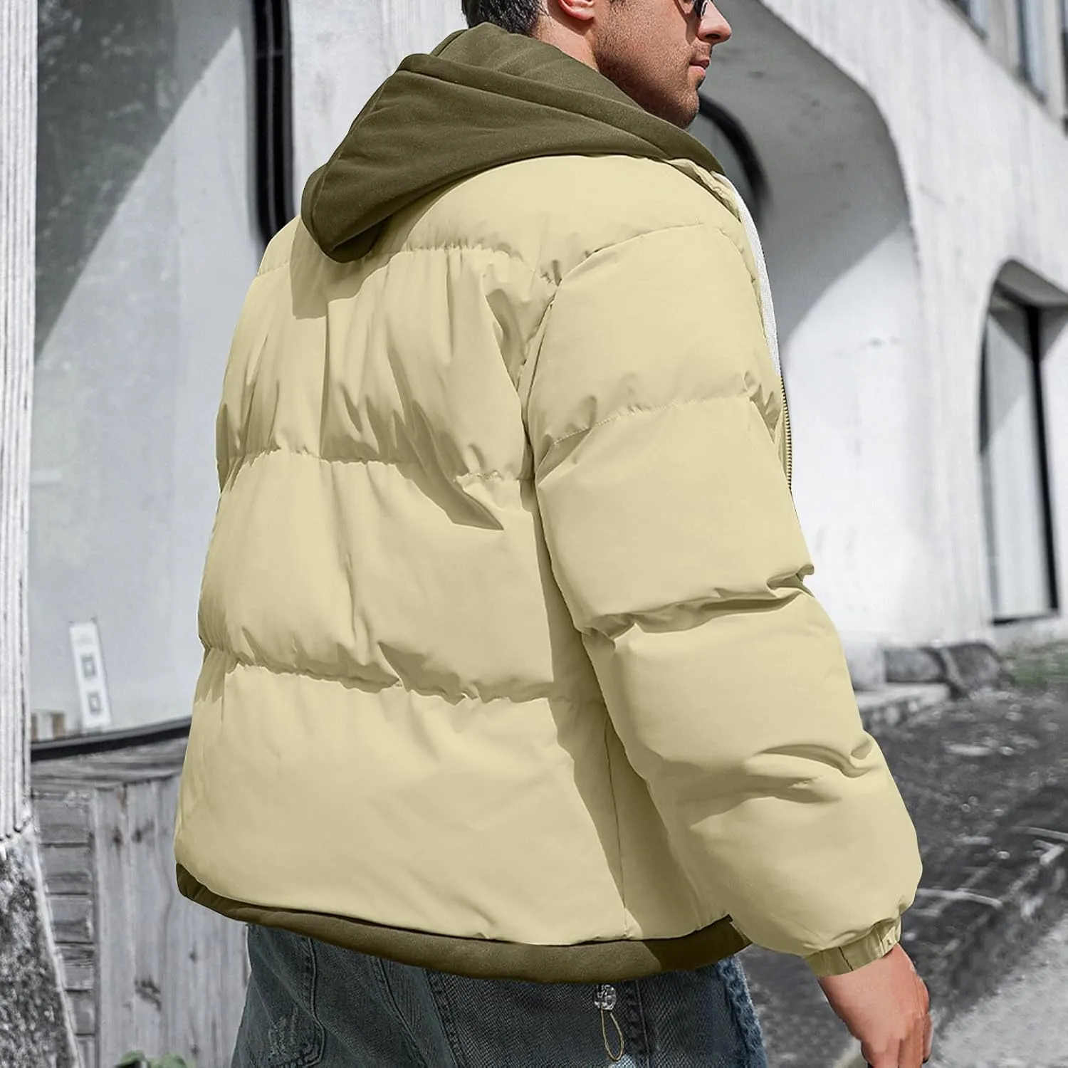 Mens Winter Puffer Jacket Hooded Down Coats Cotton Padded Warm Windproof Outerwear with Pockets