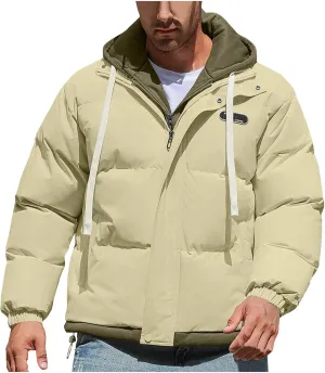 Mens Winter Puffer Jacket Hooded Down Coats Cotton Padded Warm Windproof Outerwear with Pockets