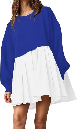 midelxp Womens Oversized Sweatshirt Dress Crewneck Patchwork Preppy Clothes Fall Long Sleeve Pullover Pleated Hem Mini Dress