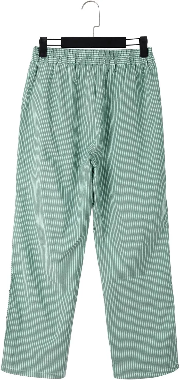 NREALY Striped Linen Pants for Women Wide Straight Leg Side Button Pants Womens 2024 Baggy Elastic Waist Pants