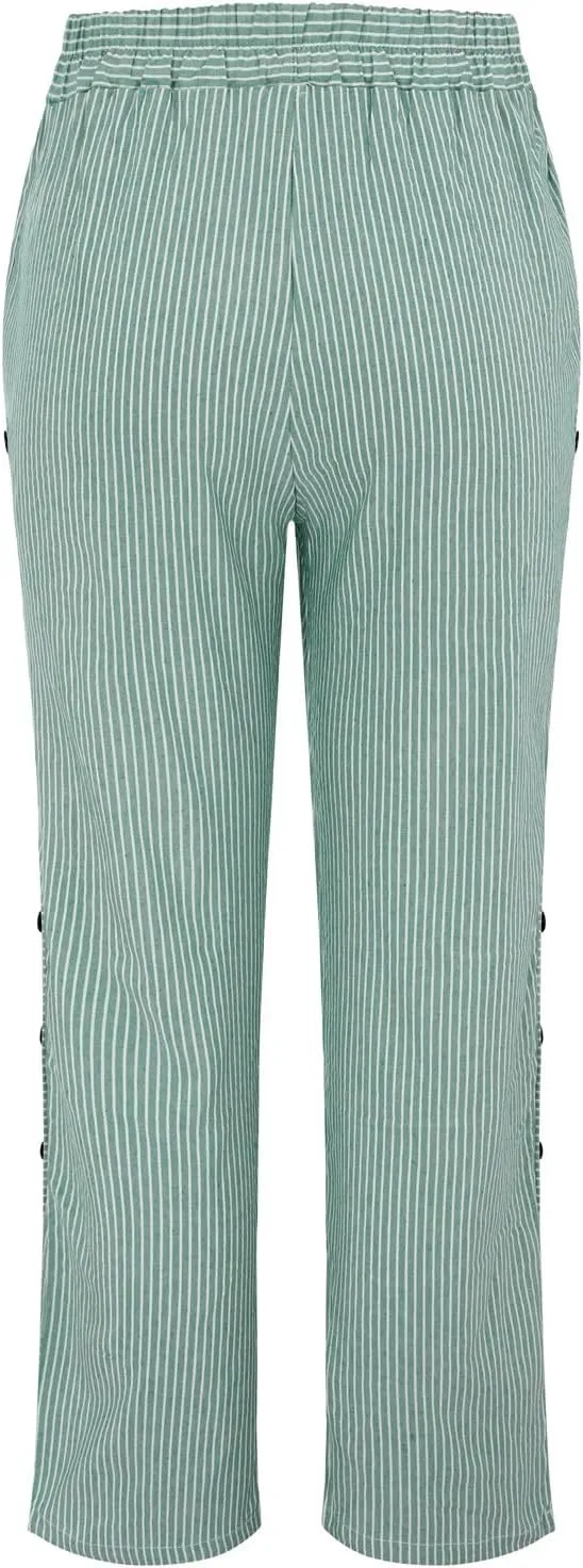 NREALY Striped Linen Pants for Women Wide Straight Leg Side Button Pants Womens 2024 Baggy Elastic Waist Pants