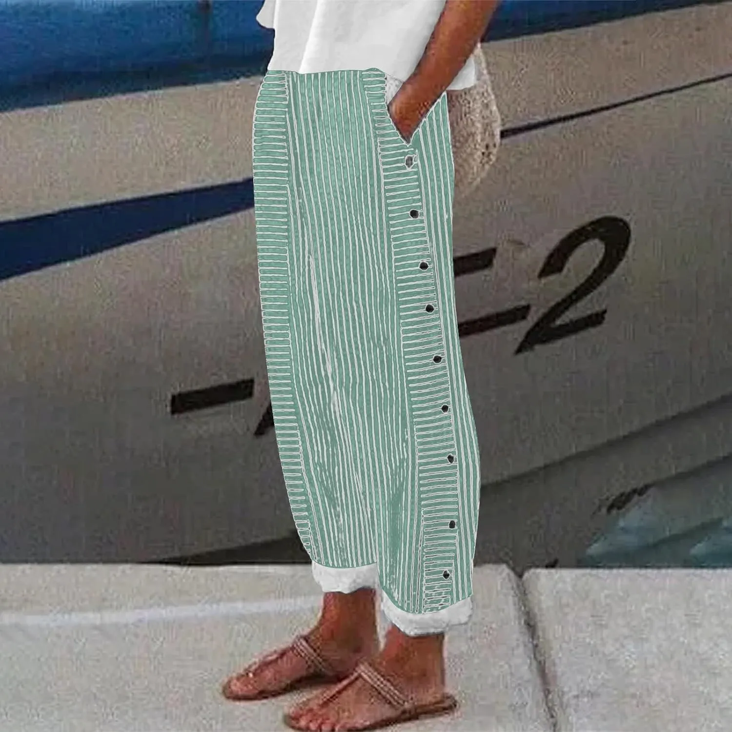 NREALY Striped Linen Pants for Women Wide Straight Leg Side Button Pants Womens 2024 Baggy Elastic Waist Pants