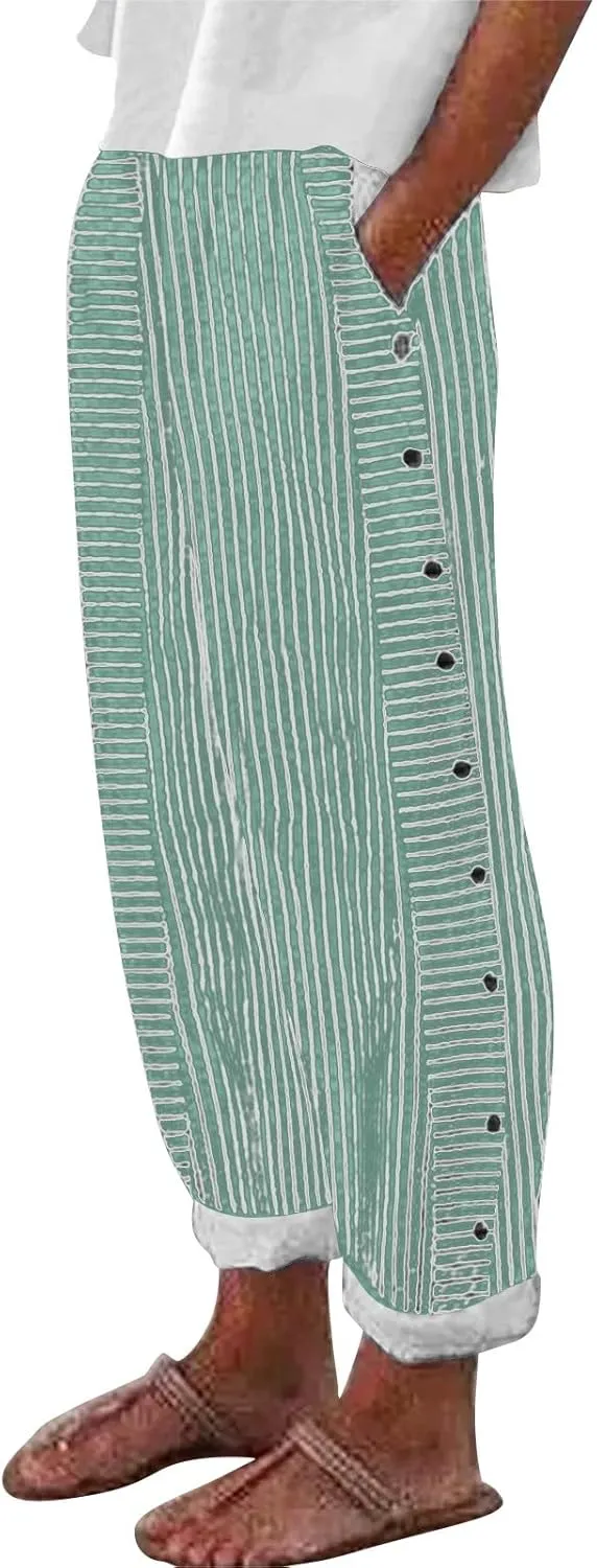 NREALY Striped Linen Pants for Women Wide Straight Leg Side Button Pants Womens 2024 Baggy Elastic Waist Pants