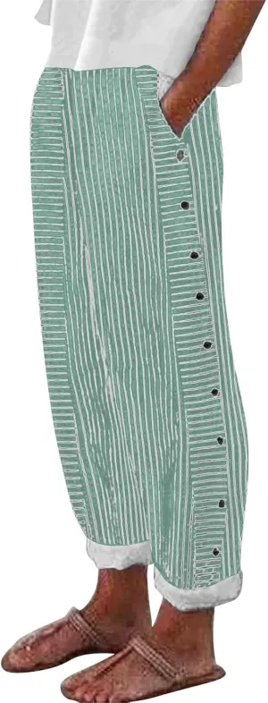 NREALY Striped Linen Pants for Women Wide Straight Leg Side Button Pants Womens 2024 Baggy Elastic Waist Pants