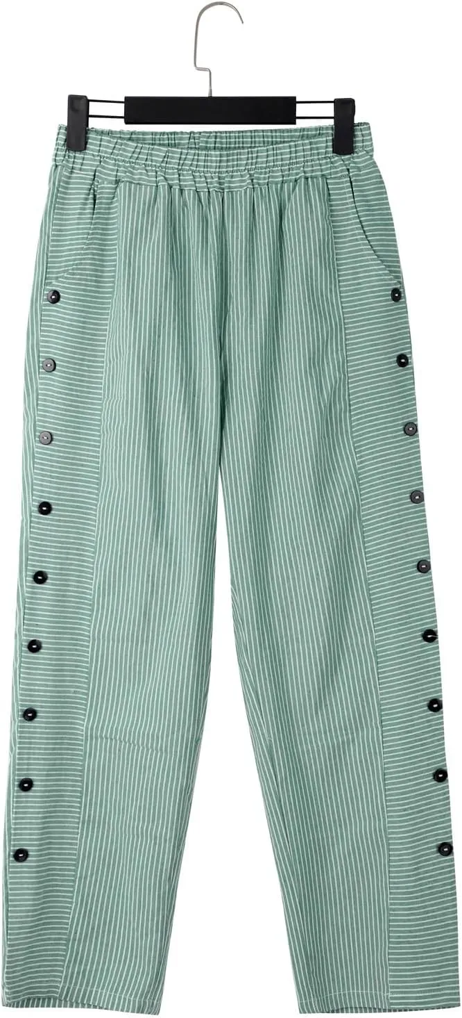 NREALY Striped Linen Pants for Women Wide Straight Leg Side Button Pants Womens 2024 Baggy Elastic Waist Pants