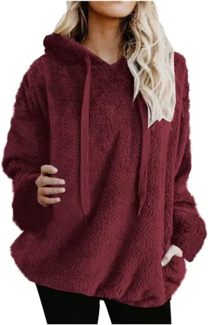 Oversized Fleece Hoodies For Women Comfy Long Sleeve Drawstring Hooded Fuzzy Sweatshirt Winter Solid Color Pullover