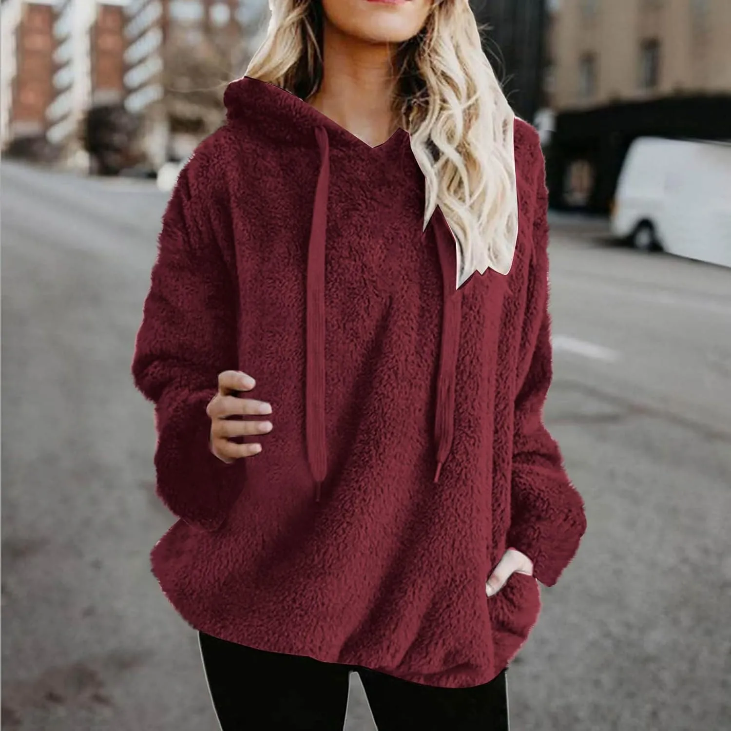 Oversized Fleece Hoodies For Women Comfy Long Sleeve Drawstring Hooded Fuzzy Sweatshirt Winter Solid Color Pullover