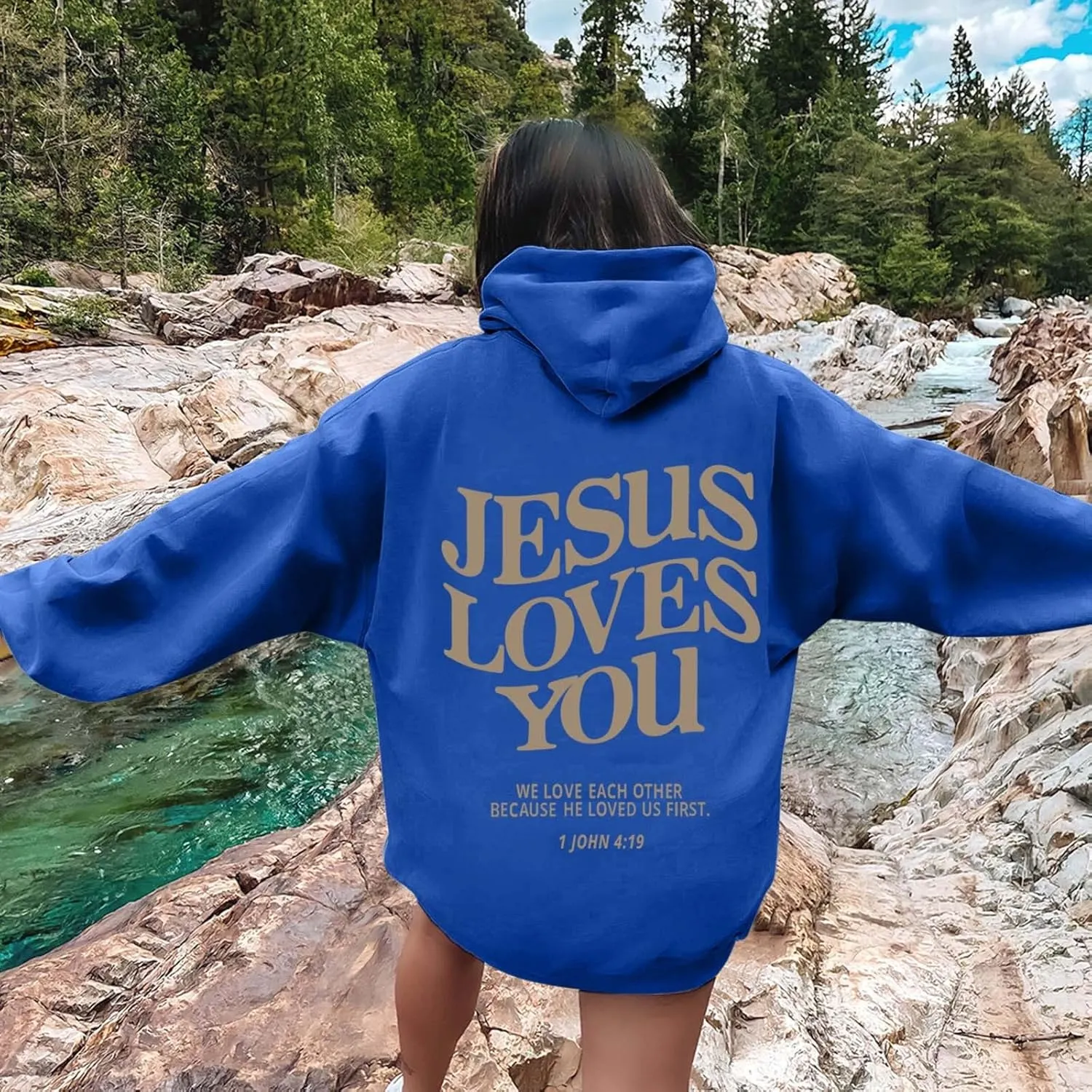Oversized Hoodie for Women Christian Religious Jesus Loves You Hooded Hoodies Causal Sweatshirts with Pockets Pullover