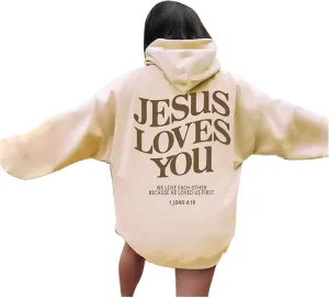 Oversized Hoodie for Women Christian Religious Jesus Loves You Hooded Hoodies Causal Sweatshirts with Pockets Pullover