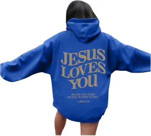 Oversized Hoodie for Women Christian Religious Jesus Loves You Hooded Hoodies Causal Sweatshirts with Pockets Pullover