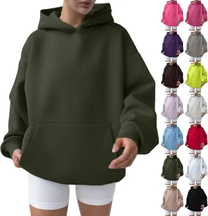 Oversized Hoodie Women Lantern Sleeve Fleece Lined Crewneck Sweatshirt Loose Fit Drop Shoulder Hooded Pullover