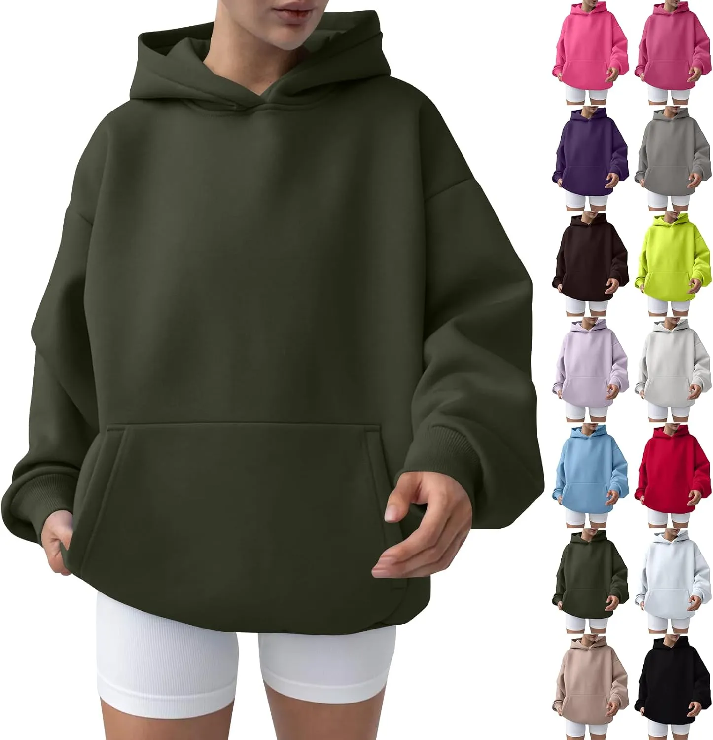 Oversized Hoodie Women Lantern Sleeve Fleece Lined Crewneck Sweatshirt Loose Fit Drop Shoulder Hooded Pullover