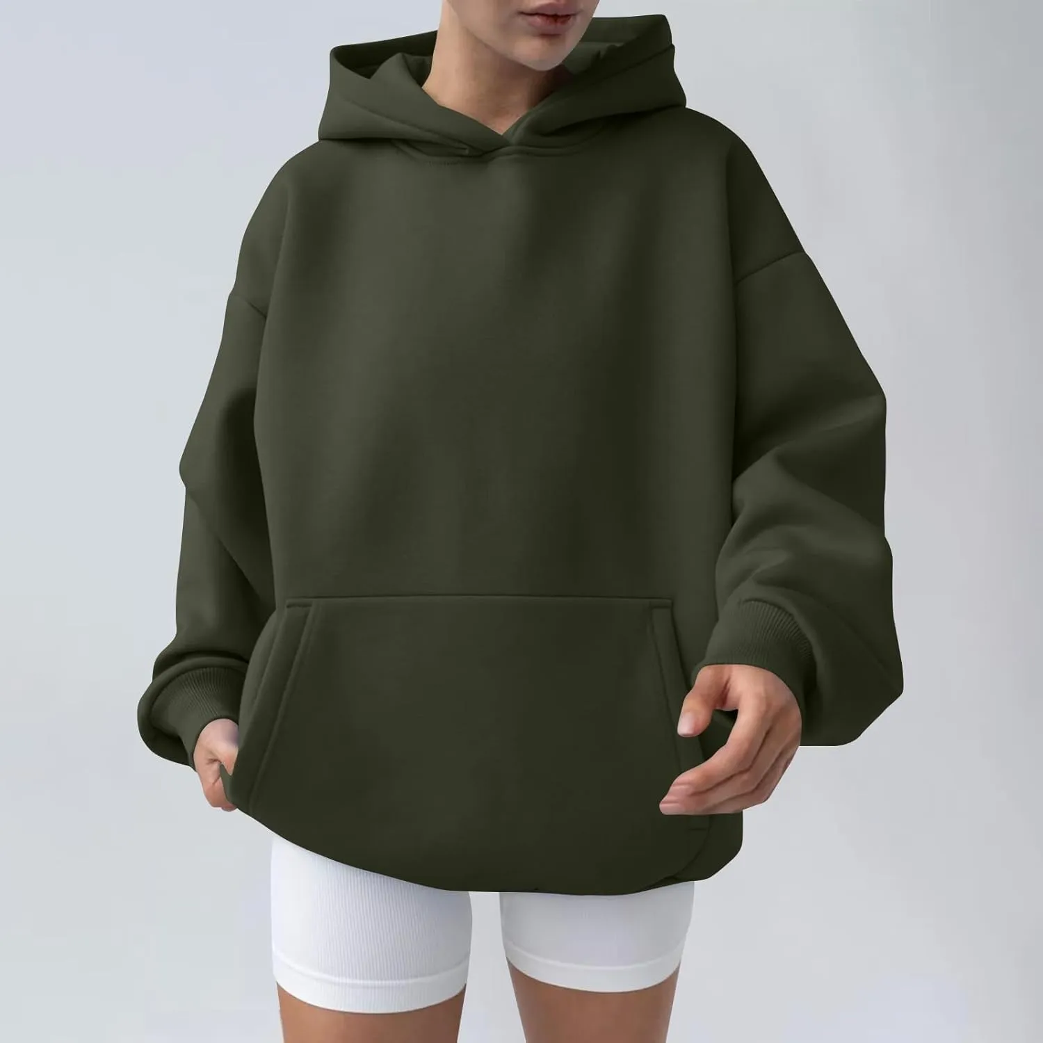 Oversized Hoodie Women Lantern Sleeve Fleece Lined Crewneck Sweatshirt Loose Fit Drop Shoulder Hooded Pullover