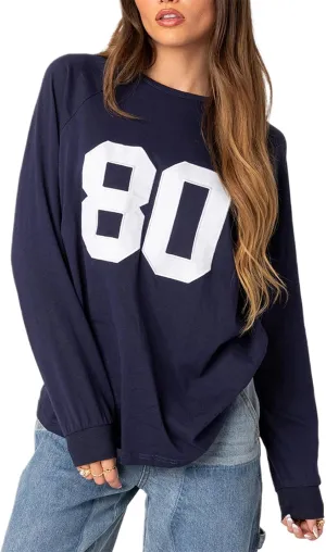 Oversized Number Jersey Sweatshirt Women Y2k Graphic Long Sleeve Shirts Vintage Loose Fit Crewneck Pullover Top