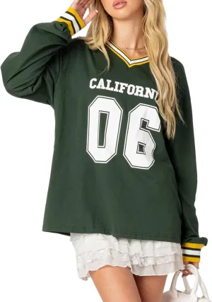 Oversized Number Jersey Sweatshirt Women Y2k Graphic Long Sleeve Shirts Vintage Loose Fit Crewneck Pullover Top