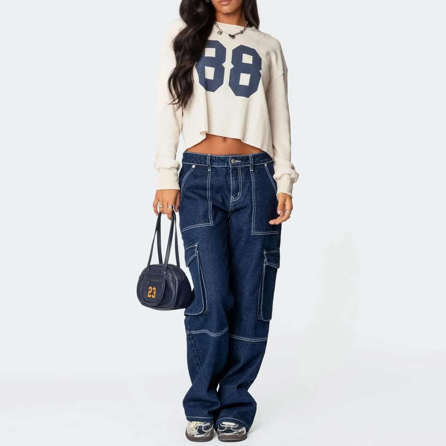 Oversized Number Jersey Sweatshirt Women Y2k Graphic Long Sleeve Shirts Vintage Loose Fit Crewneck Pullover Top