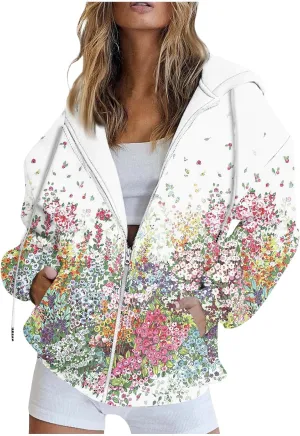 Oversized Zip Up Hoodie for Women Novelty Color Block Long Sleeve Loose Drawstring Sweatshirt Pocket Jacket Outwear