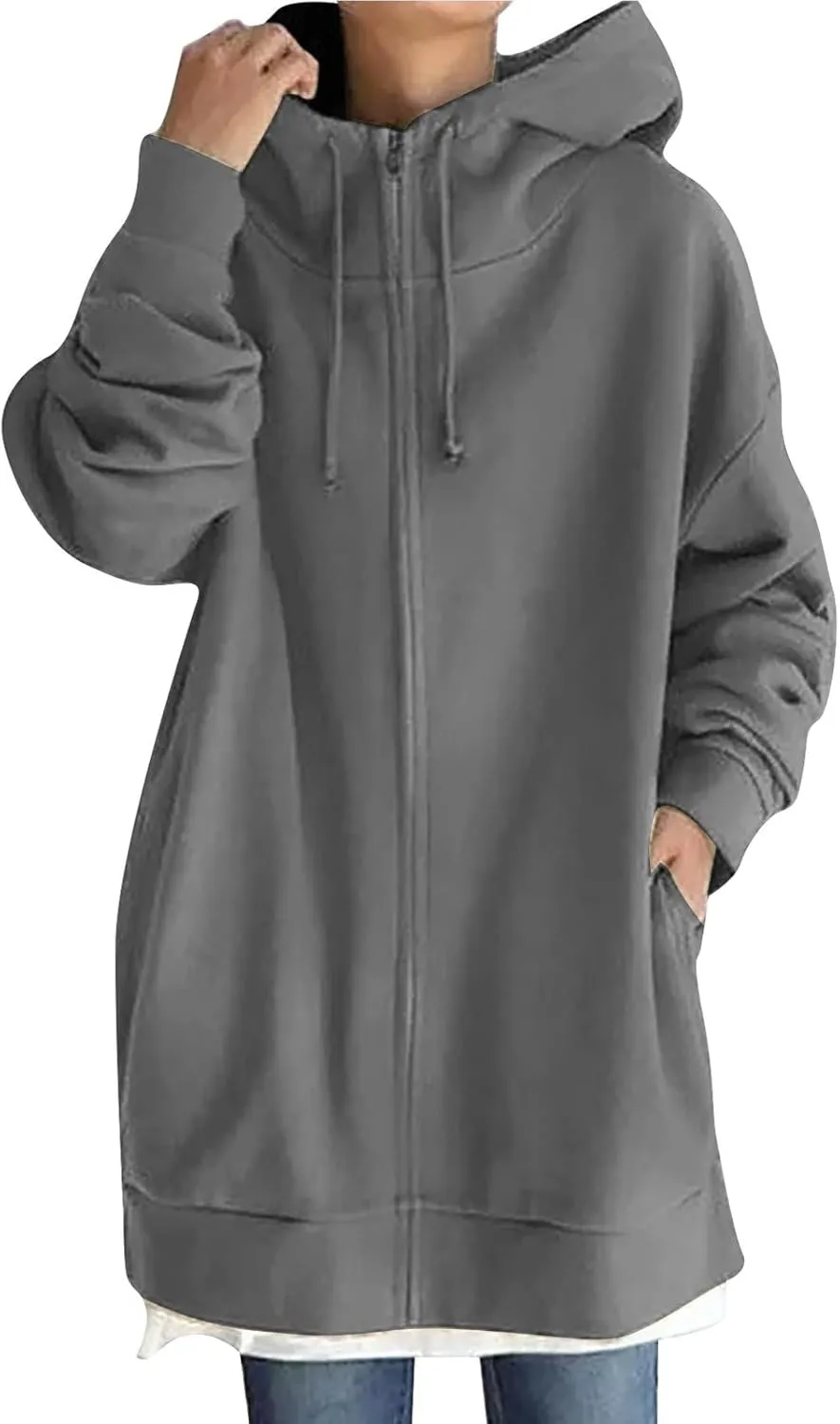Oversized Zip Up Hoodies for Women Plus Size Long Sleeve Hooded Sweatshirt Casual Fall Long Jacket with Pockets