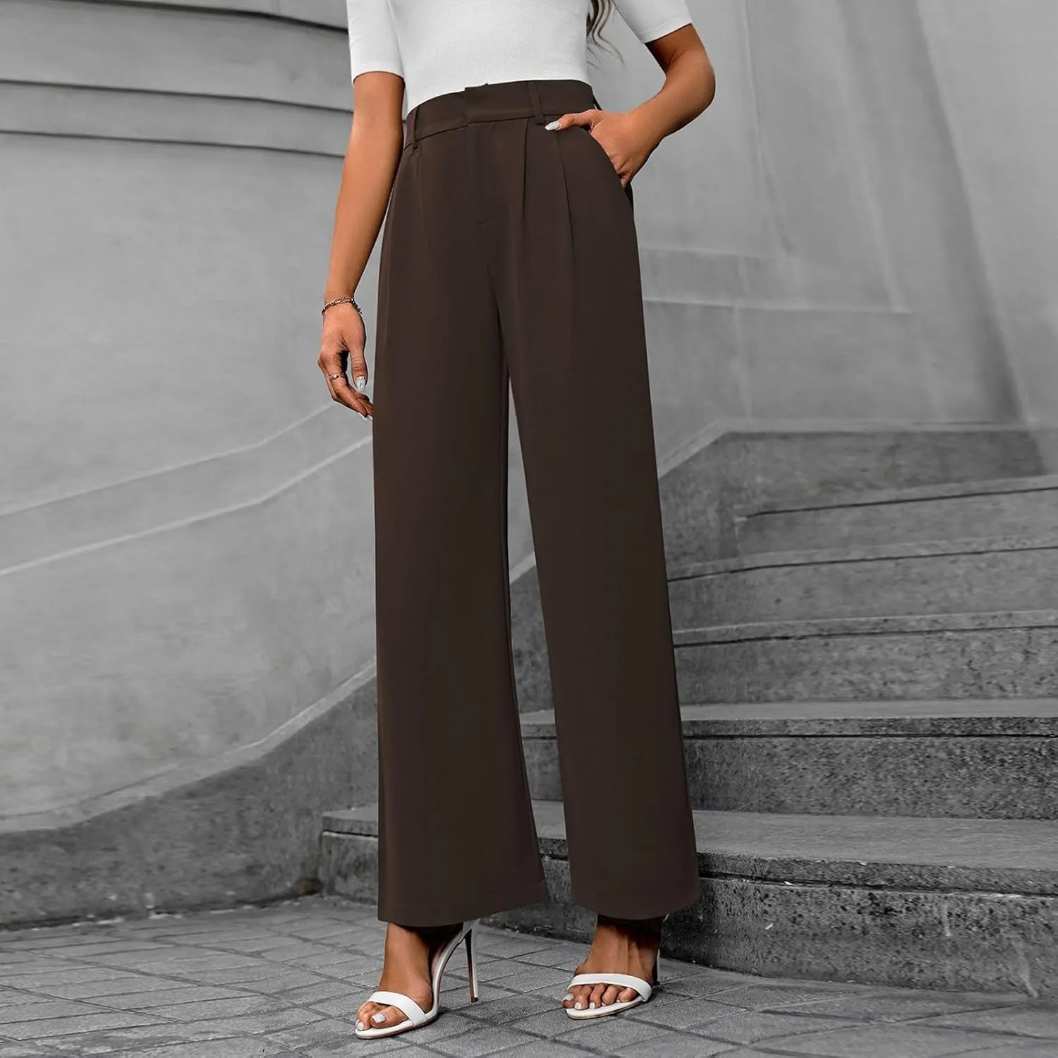 Pants for Women, High Waist Baggy Trousers Straight Leg Slacks Wide Leg Pants