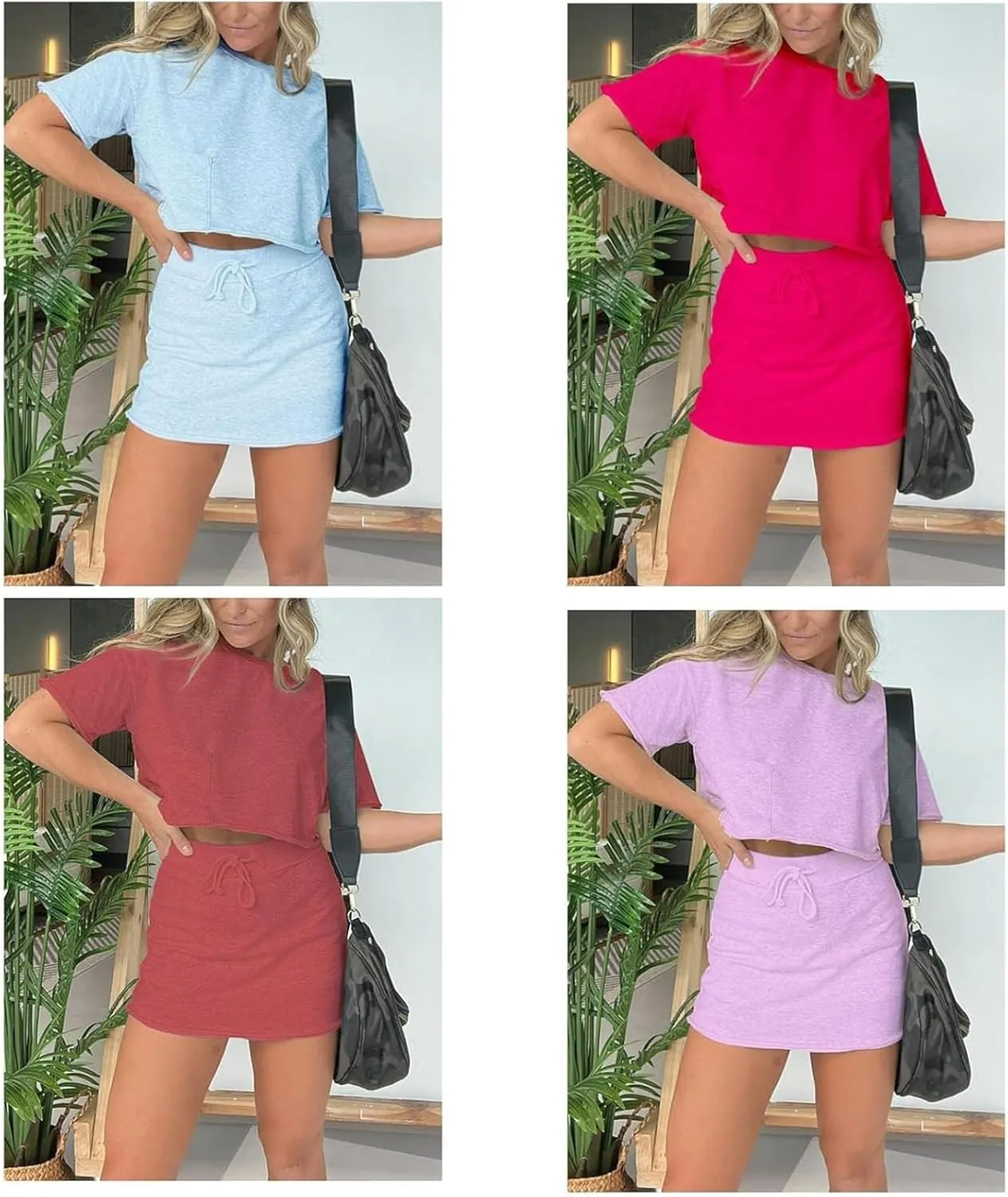 Pink Laura Lounge Cropped Tee Skort Set, 2 Piece Summer Skirt Sets for Women, Summer Washed Sets(Grey,Medium)