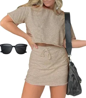 Pink laura Lounge Cropped Tee Skort Set, Two Piece Tennis Skirt Set for Women, 2 Piece Summer Skirt Sets for Women