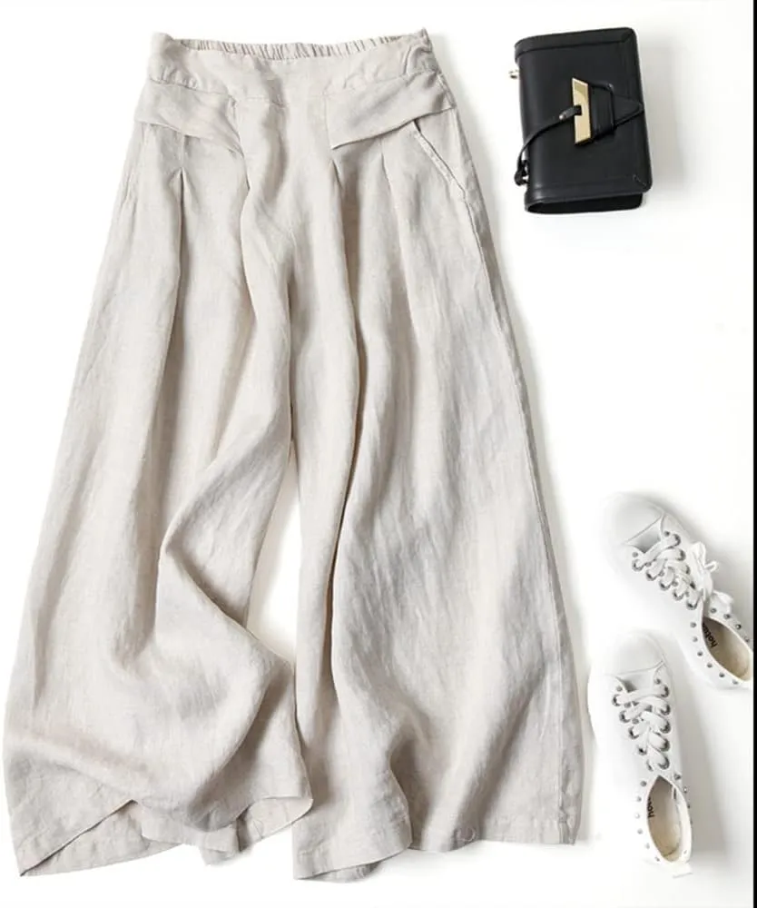 Plustrong Womens Culottes Linen Pants Casual Cropped Wide Leg Pants Palazzo Pants Capris