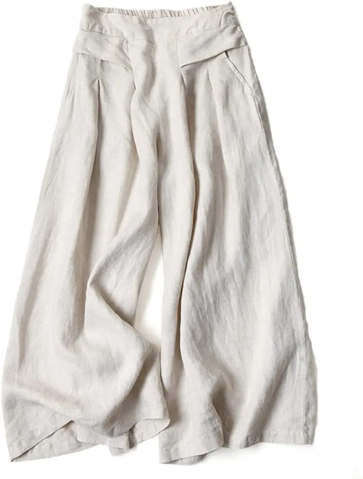Plustrong Womens Culottes Linen Pants Casual Cropped Wide Leg Pants Palazzo Pants Capris