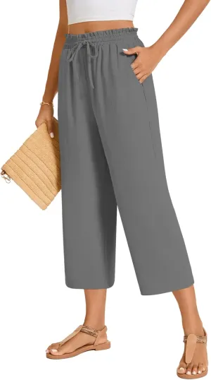 POPYOUNG Womens 3/4 Pants High Waisted Wide Leg Lounge Pants Drawstring Causal Palazzo Pants Trousers with Pockets